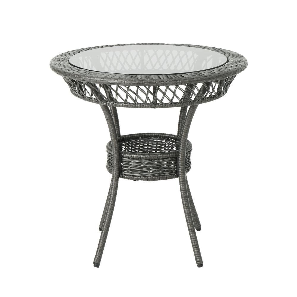Noble House Figi Gray Round Wicker Outdoor Dining Table with Glass Top | The Home Depot