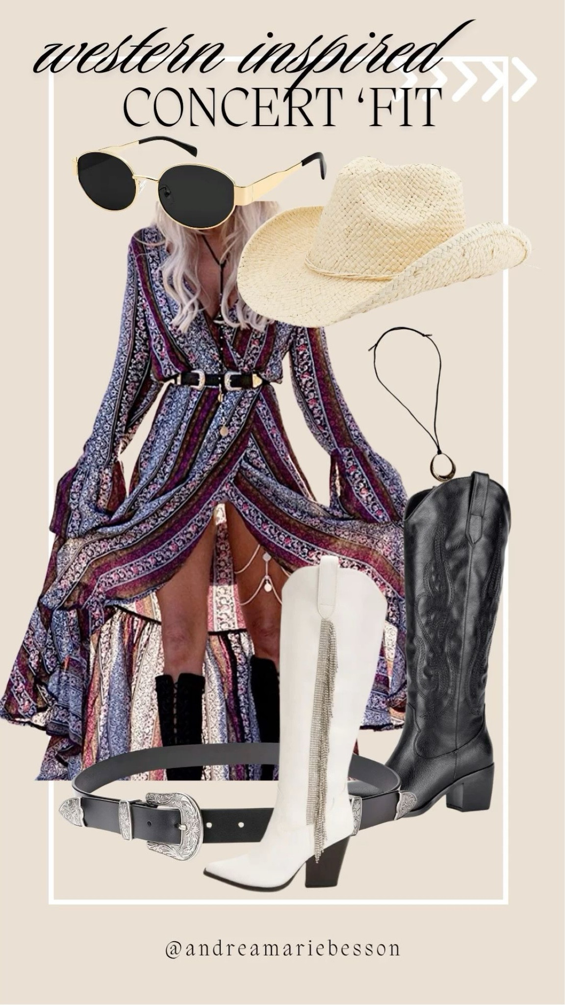 Flowy boho dresses, cowboy boots, statement belts, oversized sunnies, and coastal cowgirl accessories for the ultimate feminine western vibe. Perfect for country concerts, Nashville trips, rodeos, music festivals, and summer nights when you want that effortless boho cowgirl look. #westernfashion #concertoutfit #cowgirlstyle #countryconcertoutfit #coastalcowgirl #westernboots #bohostyle #festivalfashion #amazonfashion #westerninspired