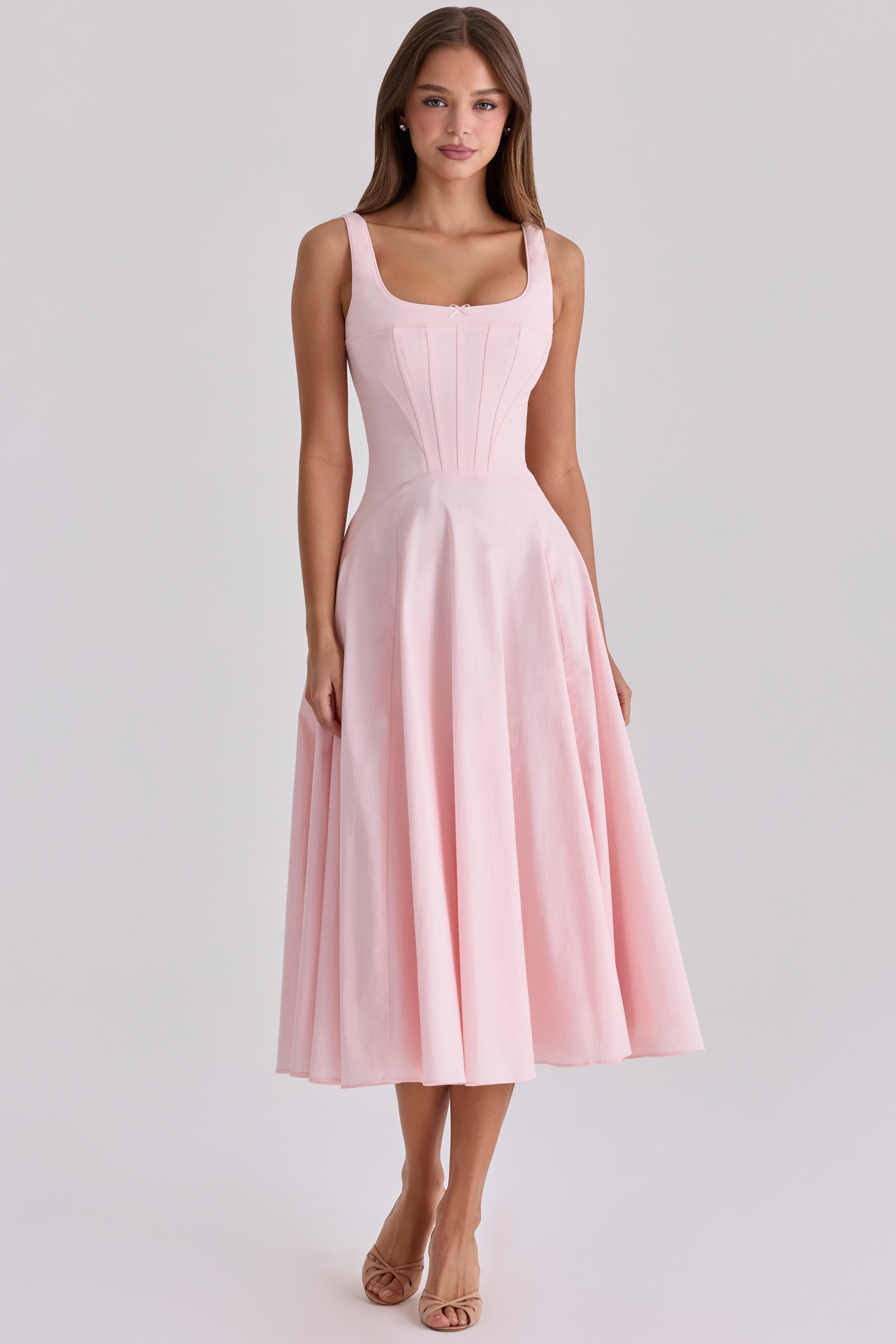 pink cotton lace up midi sundress | House of CB