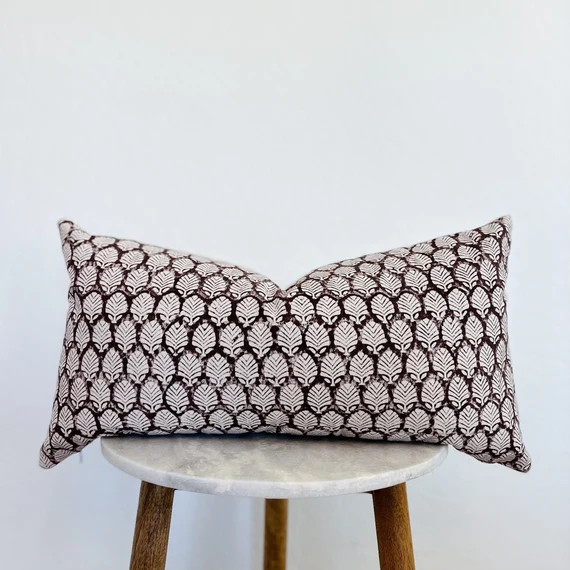 Deep Brown Burgundy Block Print Pillow Cover | Leaf Print | Home Decor | 22 x 22 | 12 x 24 | | Etsy (US)