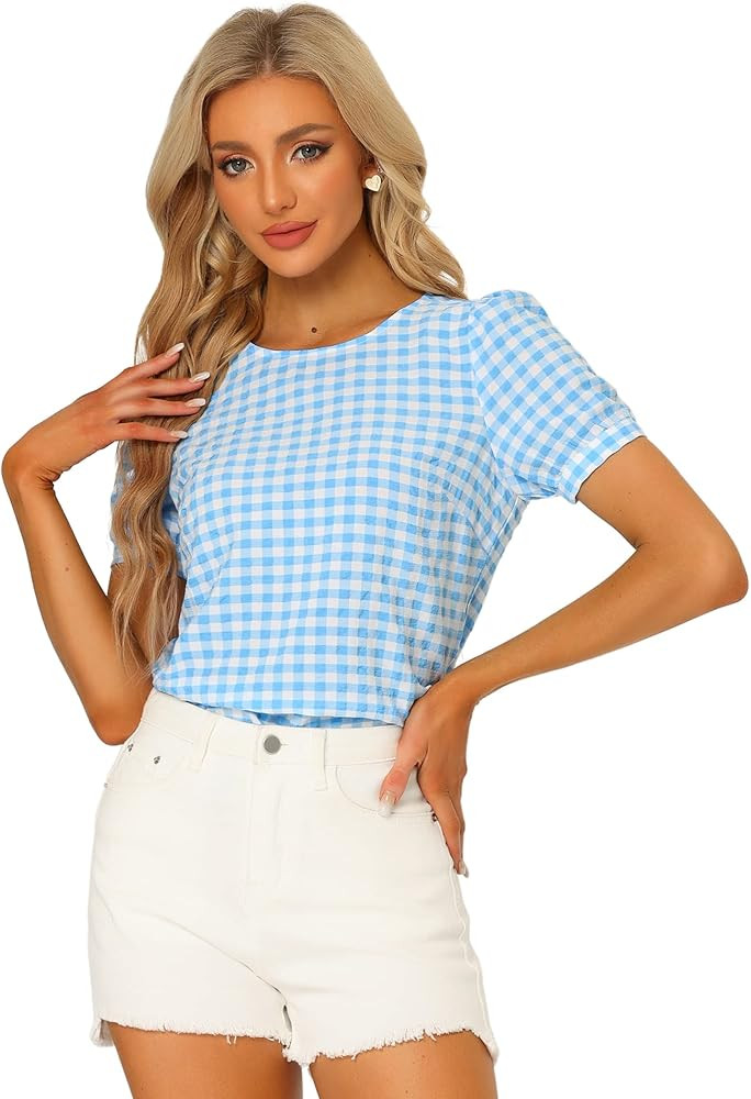 Allegra K Check Top for Women's Gingham Crew Neck Puff Short Sleeve Casual Vintage Plaid Blouse | Amazon (US)