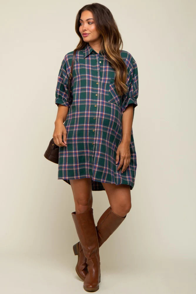 Forest Green Plaid Oversized Maternity Mini Dress | PinkBlush Maternity