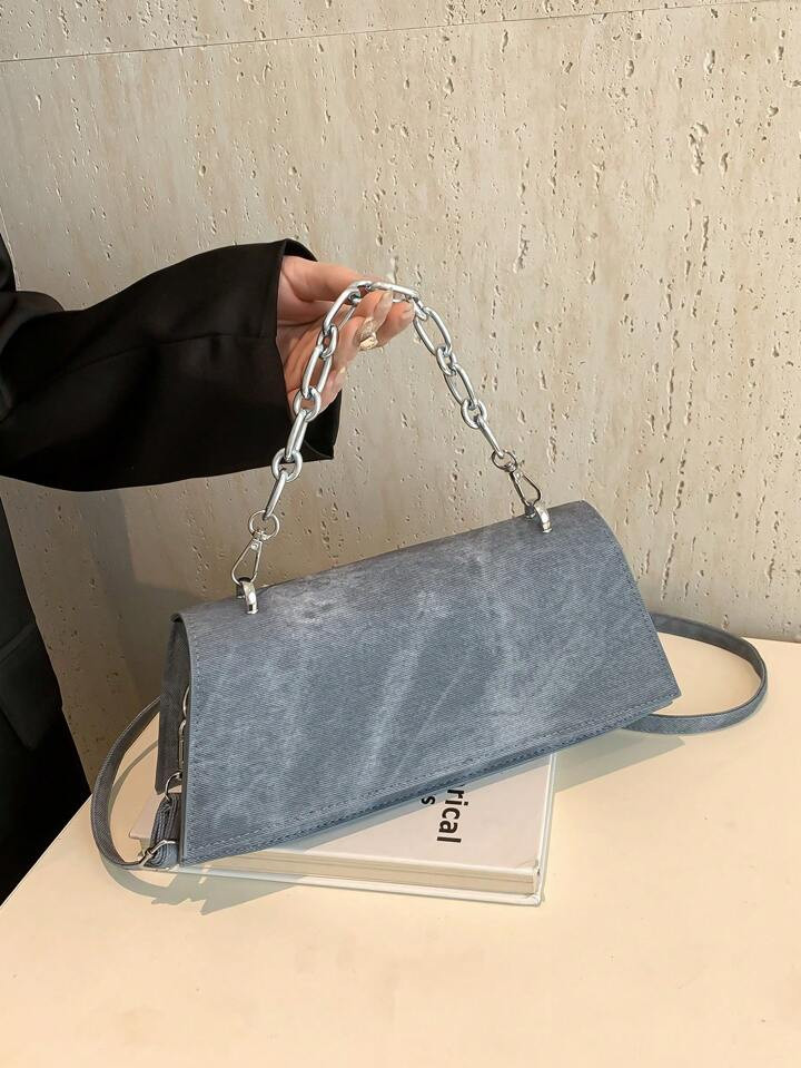 Y2K Style Metal Chain Handbag With Flap And Handle, Casual Denim Blue Solid Color Shoulder Crossb... | SHEIN