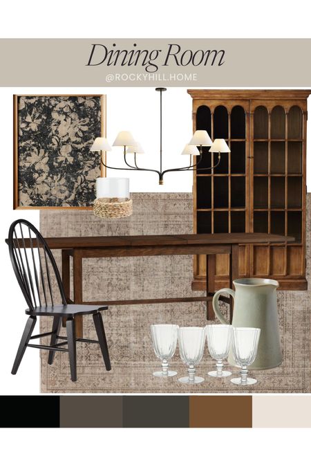 Dining Room Mood Board, modern cottage, windsor chairs, goblet glass, pottery barn chandelier, dining table 

#LTKhome #LTKstyletip