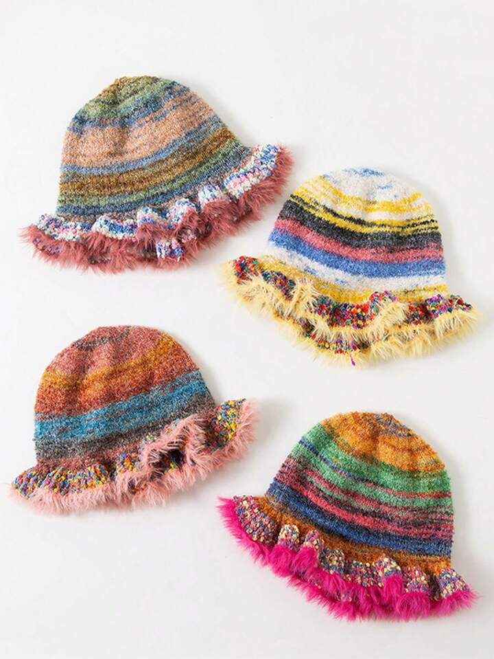 1Pc Women's Vintage Rainbow Stripe Oil Painting Style Knit Hat With Ruffle Edge Fashion Cool Fish... | SHEIN