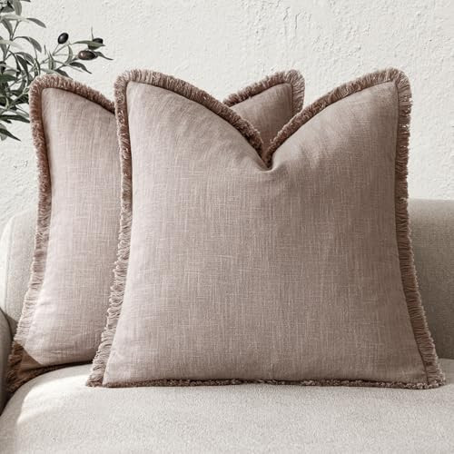 Foindtower Set of 2 Decorative Linen Fringe Throw Pillow Covers Boho Farmhouse Cushion Cover with Tassels Soft Accent Pillowcase for Couch Sofa Bed Living Room Home Decor,20×20 Inch,Dusty Pink | Amazon (US)