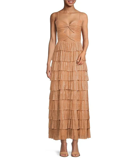 Gianni Bini Grace Metallic Plisse Sweetheart Neck Cut-Out Tiered Tea Length Dress | Dillard's | Dillard's