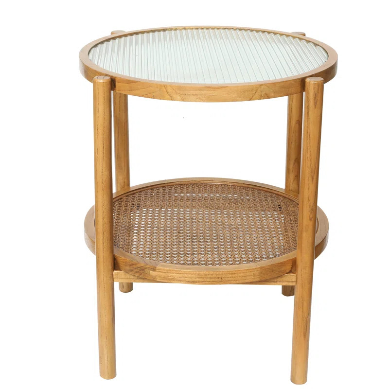 Charie Round Wood Side End Table with Glass Top and Rattan Storage | Wayfair North America