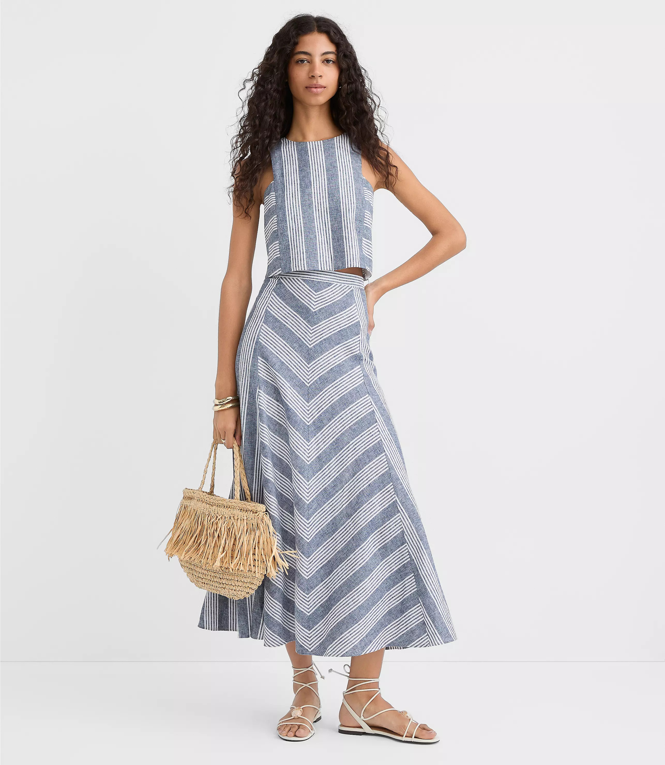 Chevron Linen Blend Midi Skirt | LOFT