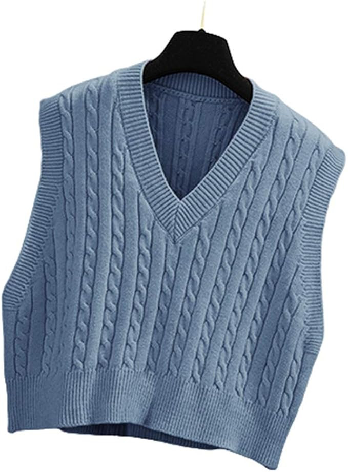 Lailezou Women's V-Neck Knit Sweater Vest Solid Color Argyle Plaid Preppy Style Sleeveless Crop K... | Amazon (US)