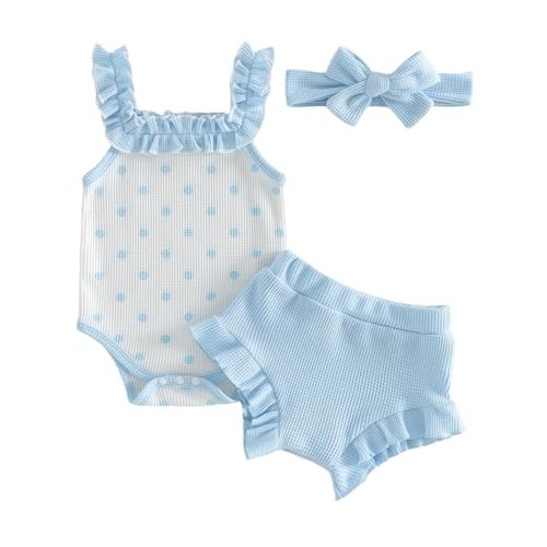 Lucikamy Newborn Baby Girl Clothes Floral Sleeveless Romper Bodysuit + Ruffle Bloomers Shorts Infant Summer Outfits Set (2026 blue dot print, 0-3 Months) | Amazon (US)