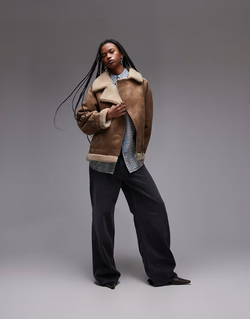 Mango oversized shearling aviator jacket in brown | ASOS (Global)