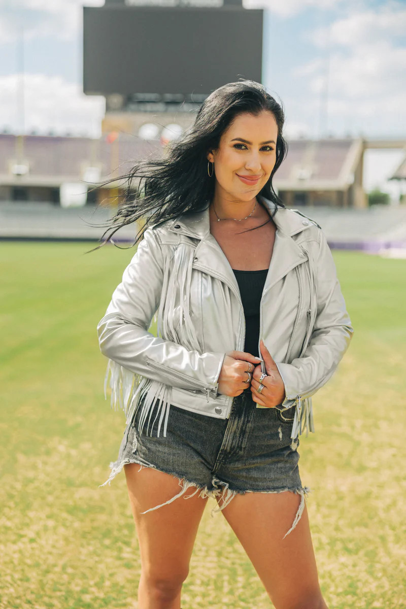 BuddyLove | Francesca Fringe Vegan Leather Jacket | Silver | BuddyLove