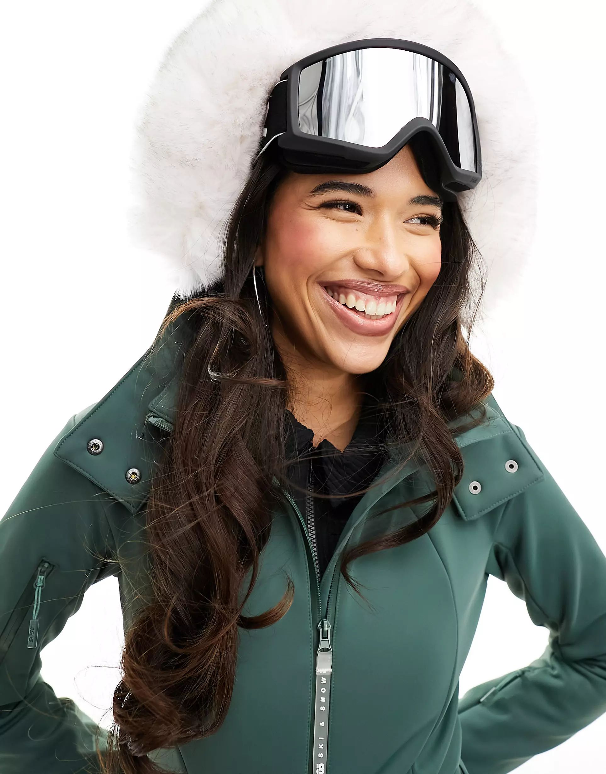 ASOS 4505 Ski water repellent belted ski suit with faux fur hood in khaki | ASOS (Global)