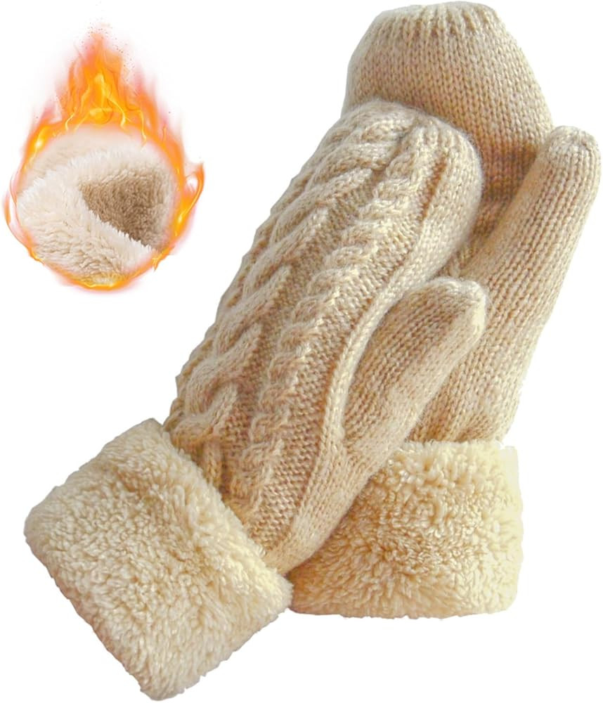 Women's Winter Gloves Warm Lining - Cozy Wool Knit Thick Gloves Mittens | Amazon (US)
