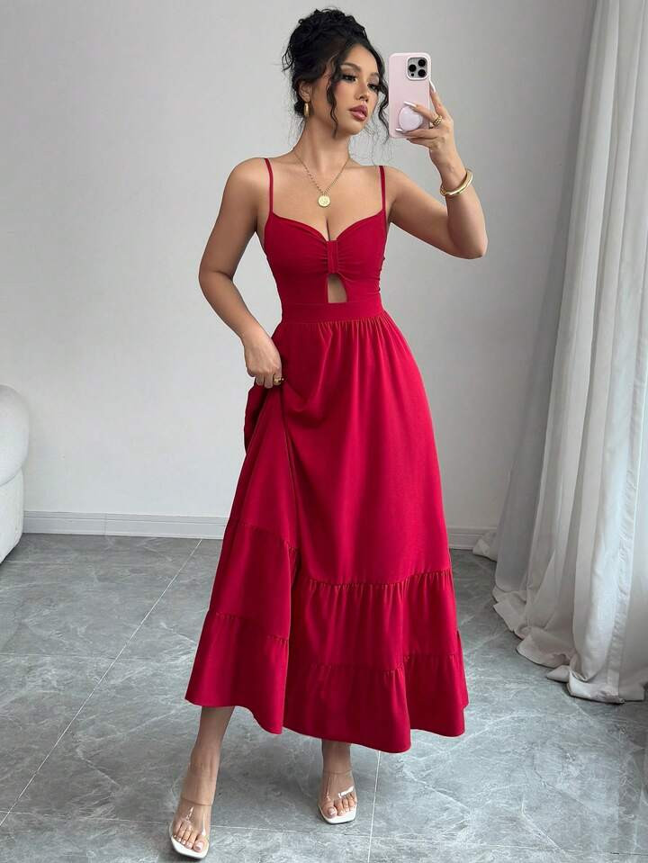 Elenzga Elegant Sexy Deep V-Neck Hollow Out Dress With Flowy | SHEIN