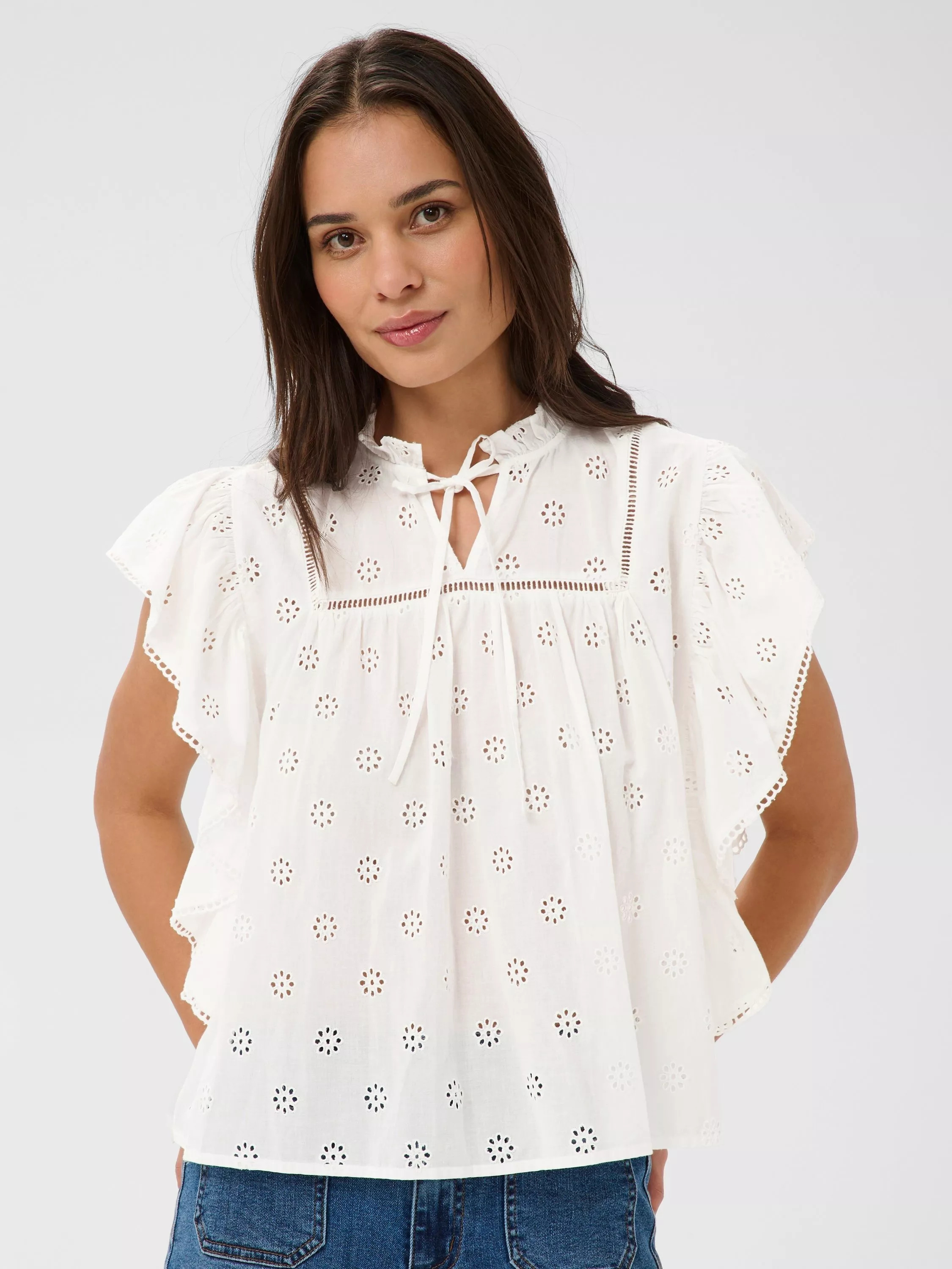 Kafiona Short Sleeve Frill Top, Chalk | John Lewis (UK)