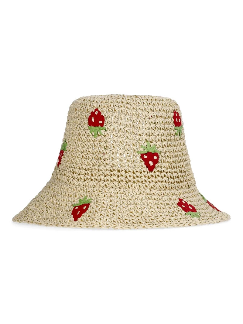 No Boundaries Straw Bucket Hat, Women's, Natural/Strawberry | Walmart (US)