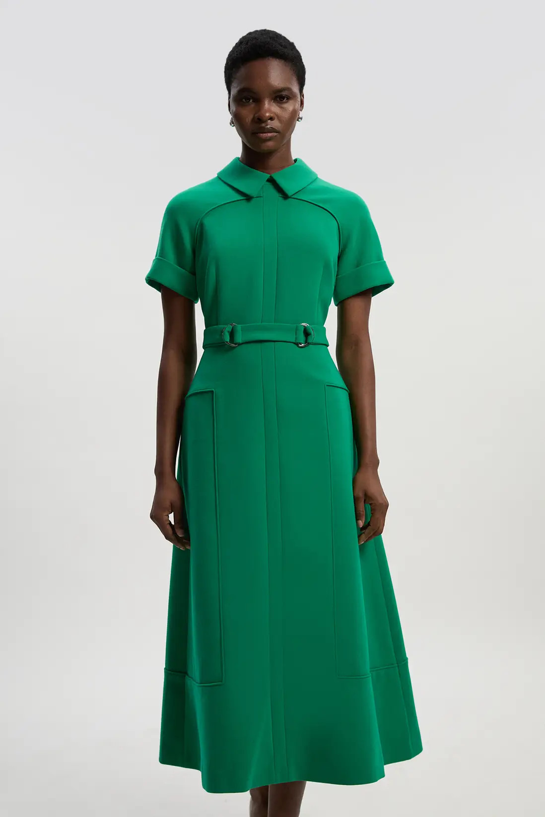 Compact Stretch Tab Detail Full Skirted Midi Dress | Karen Millen