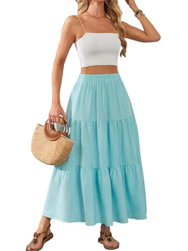 HUSKARY Long A Line Skirts for Women Summer Smock Loose Tiered Maxi Skirts Classic Solid Color Beach Flowy Skirt,Blue | Amazon (US)