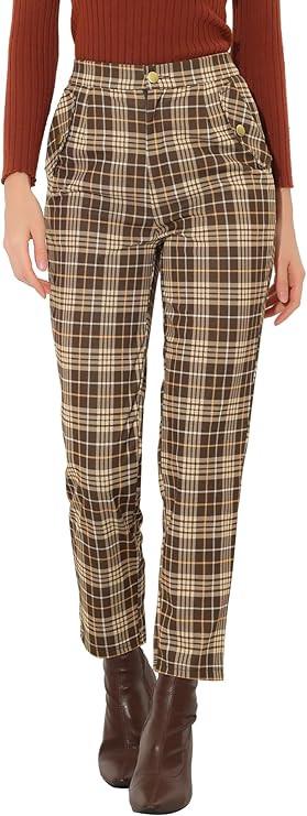 Allegra K Women's Vintage Tartan Plaid Pants Elastic Waist Straight Long Trousers | Amazon (US)