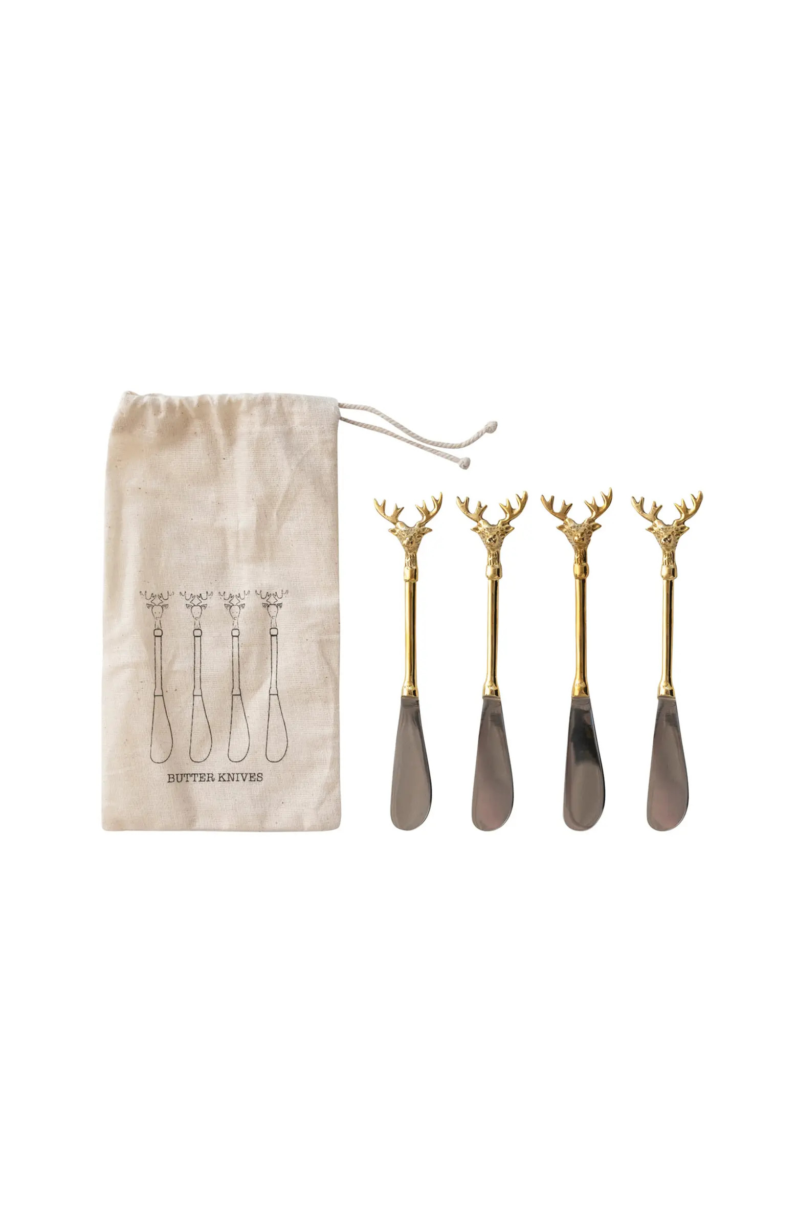 Stainless Steel and Brass Canapé Knives with Gold Finish Reindeer Handles, Set of 4 in Printed D... | Nordstrom