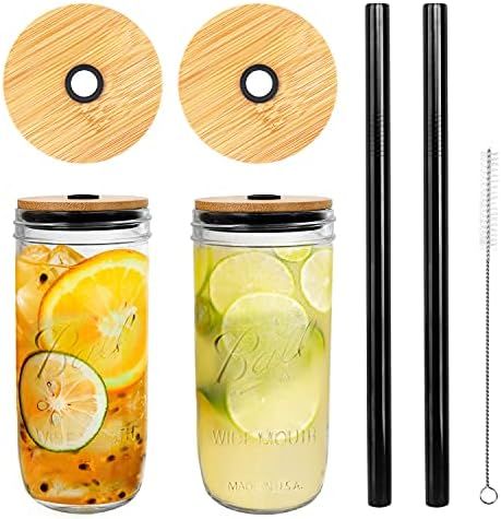 Mason Jar with Lid and Straw, 24oz Wide Mouth Mason Jar Drinking Glasses Tumbler, Black Silicone ... | Amazon (US)