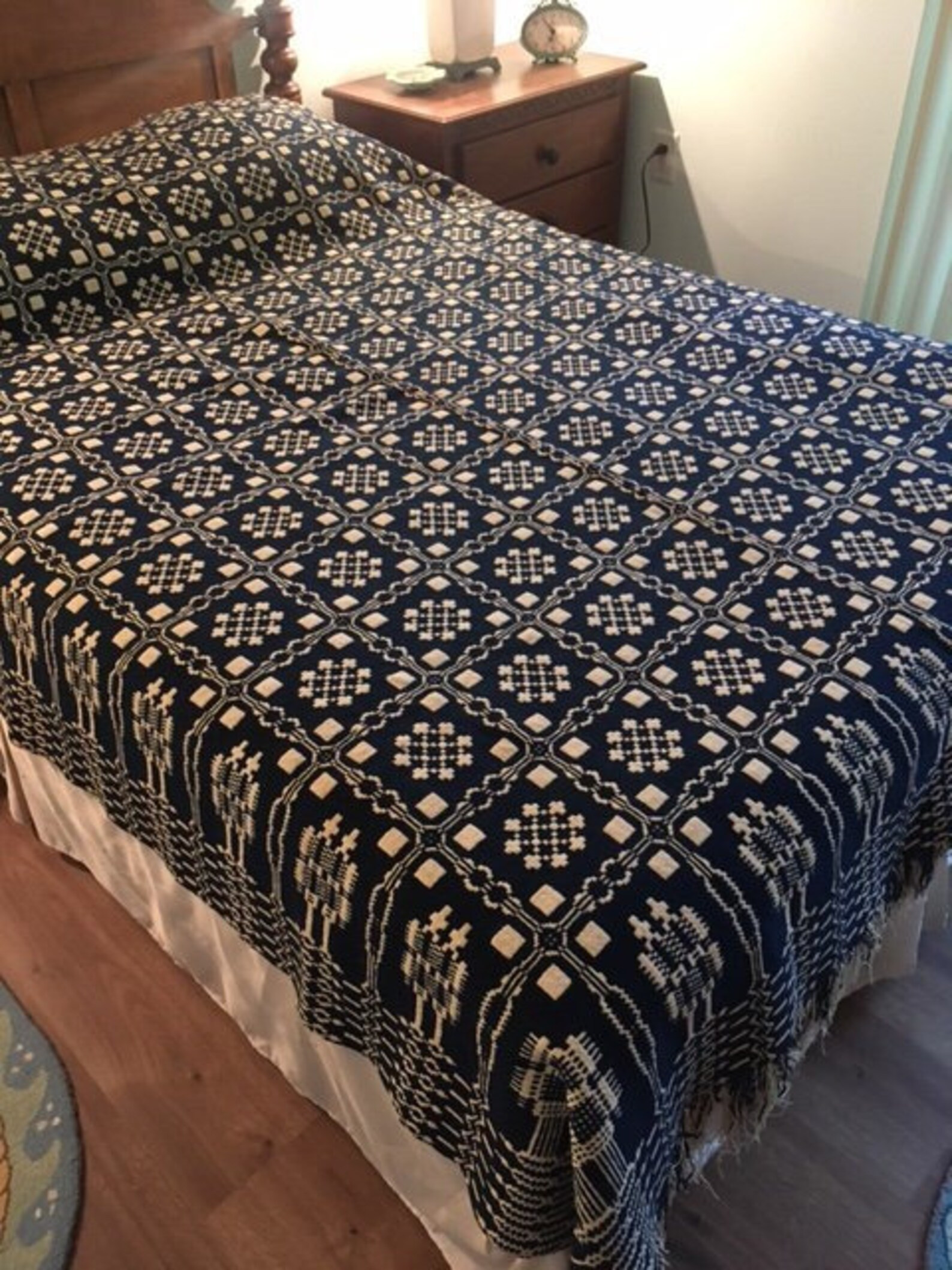 Antique Coverlet Double Weave, Indigo Blue and White, Fringe on Bottom, Excellent Condition, Wool... | Etsy (US)