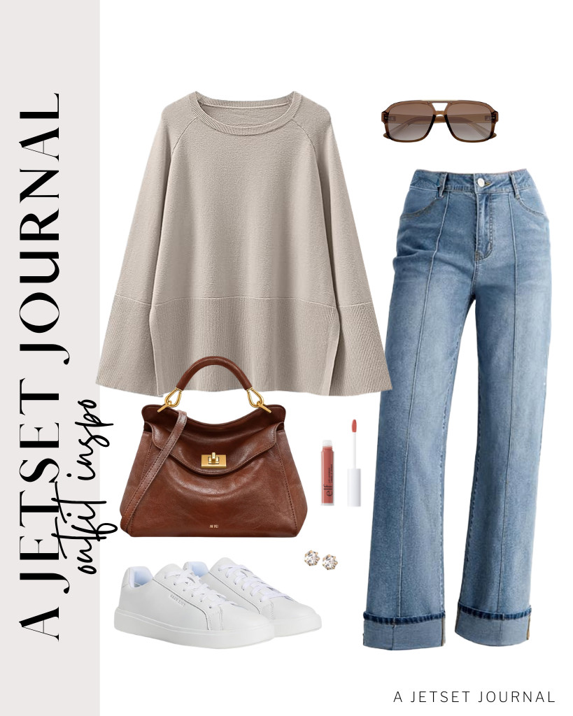 Sidefeel’s wide-leg jeans complement this gray apricot sweatshirt from ANRABESS. Slip on your Cole Haan sneakers and pair them with this elegant handbag to add a chic vibe. 

 #LTKSeasonal #LTKSaleAlert #LTKTravel