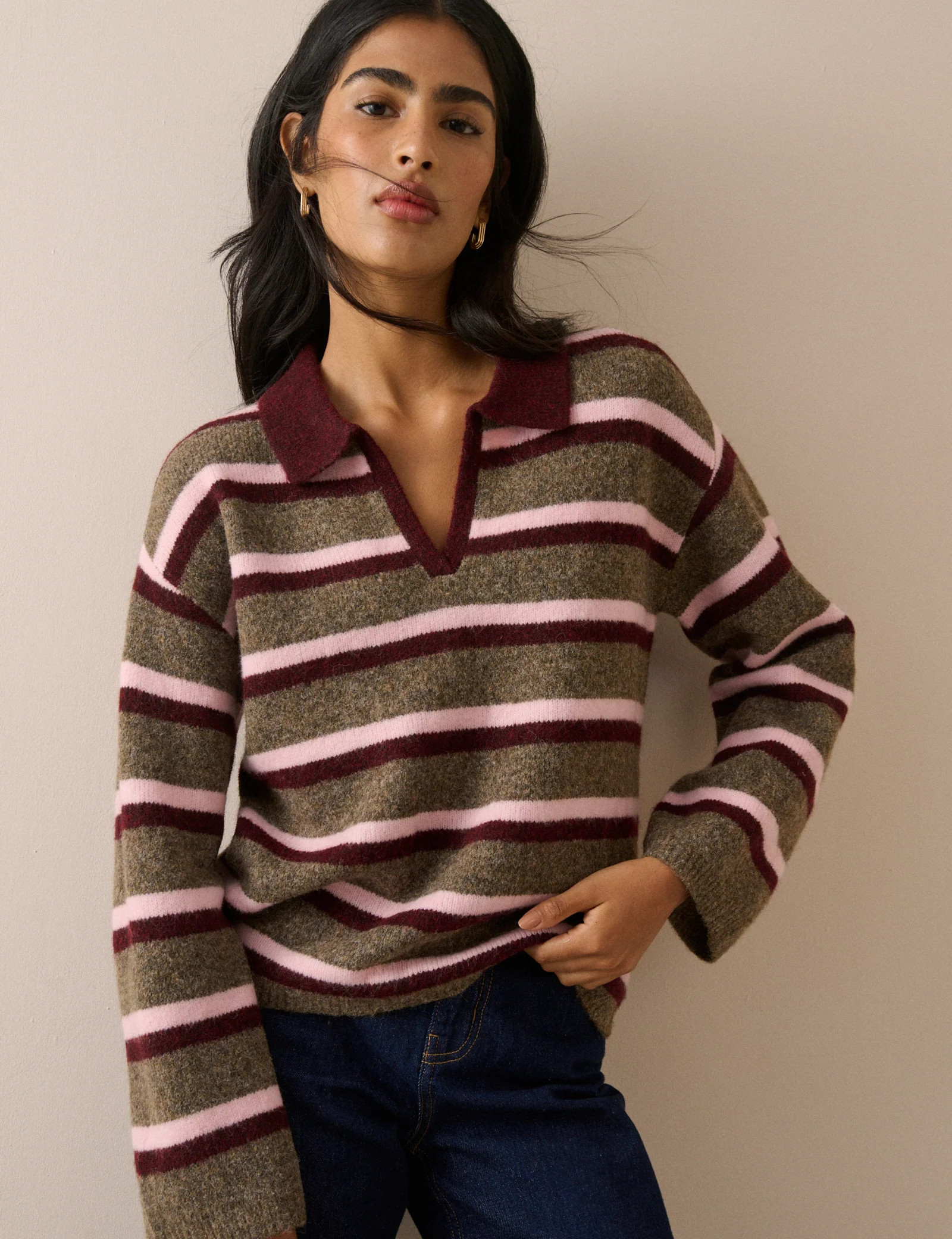 Brown Striped V-neck Collared Jumper | Nobody's Child