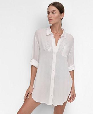 Women's Gauze Collared Button-Front Beach Shirt | Macy's