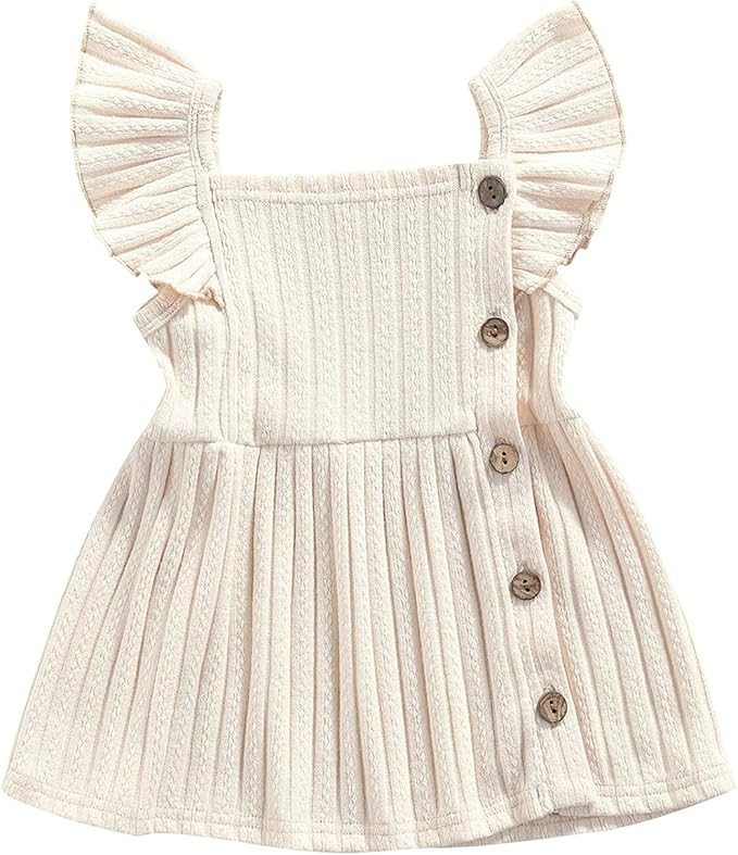VISGOGO Kids Baby Girl Dresses Solid Color Ruffles Button Knitting Square Collar Outfits Clothes | Amazon (US)