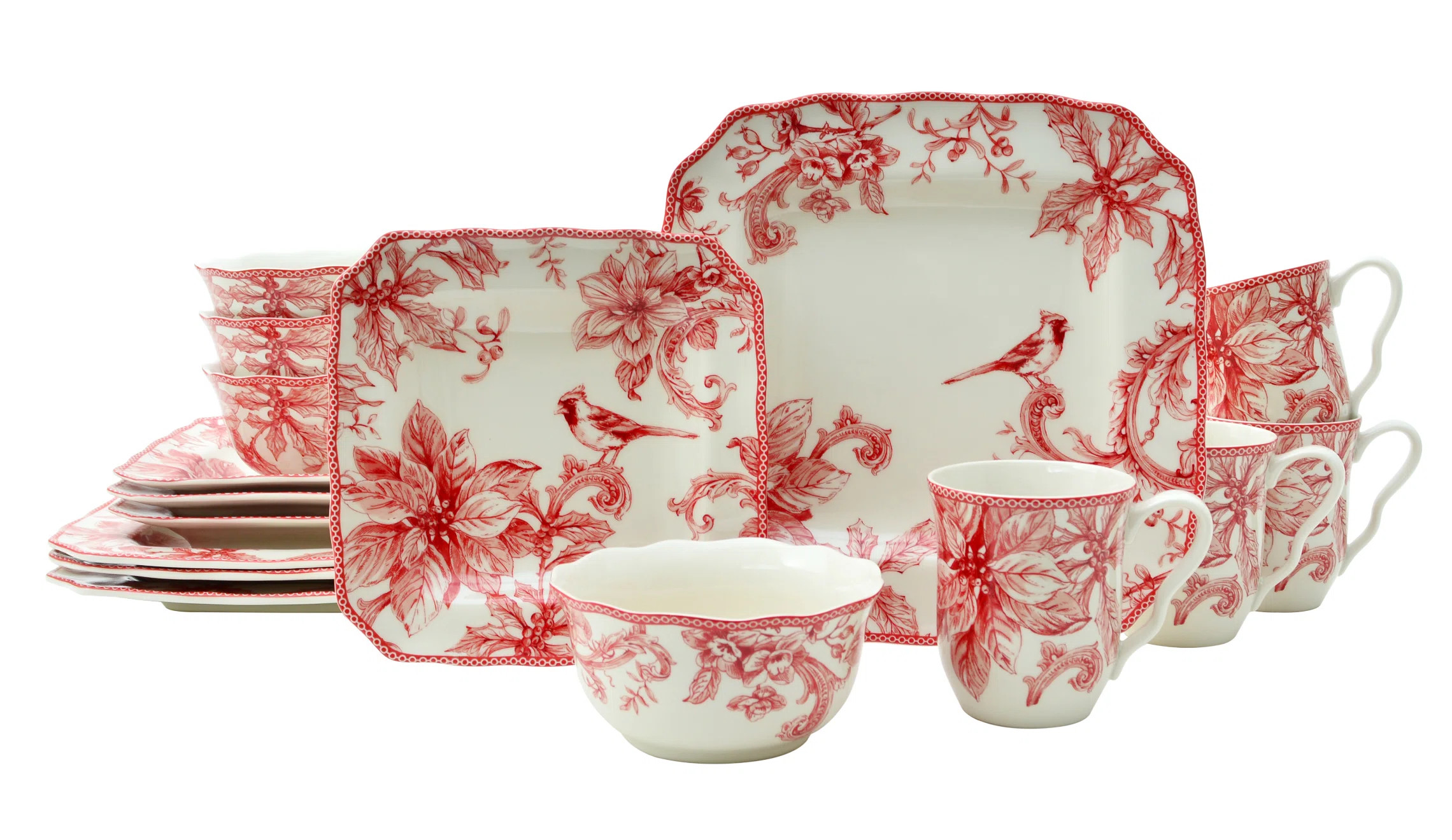 222 Fifth Christmas Lane Red 16-Piece Porcelain Dinnerware Set - Service For 4, Plates, Bowls & M... | Wayfair North America