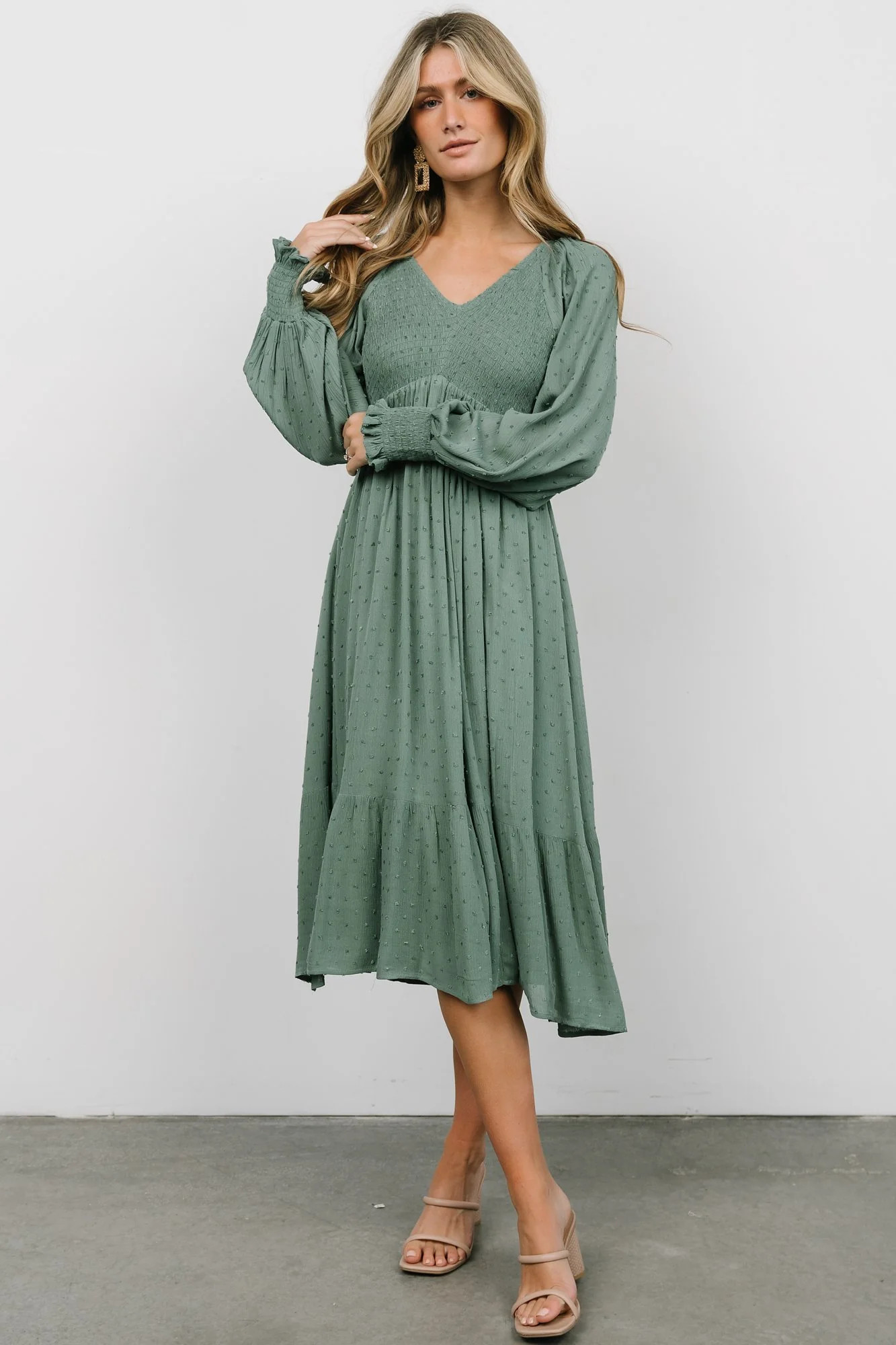 Lainey Smocked Dotted Midi Dress | Deep Olive | Baltic Born