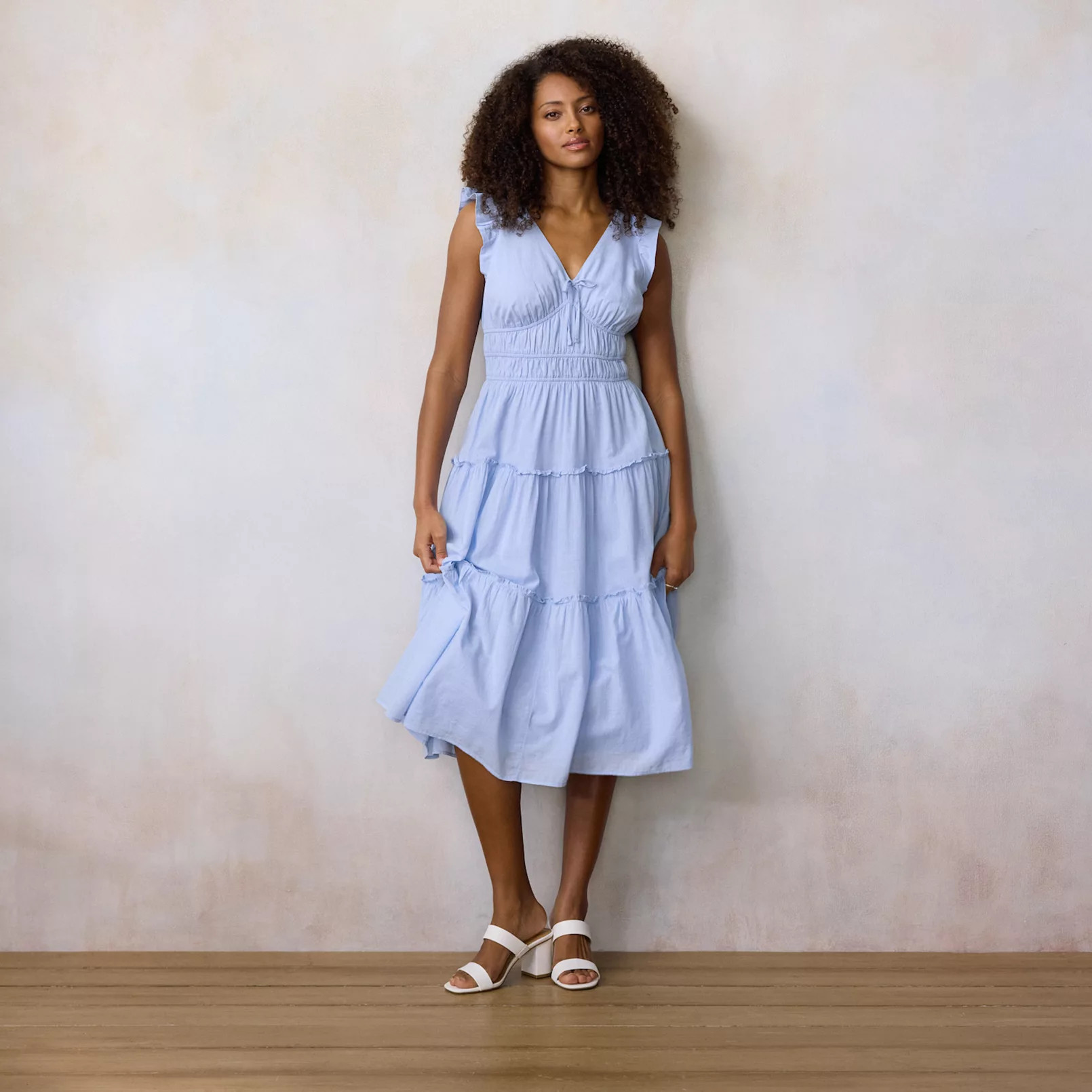 Women's LC Lauren Conrad Shirred Bodice Ruffle Sleeve Midi Dress | Kohl's