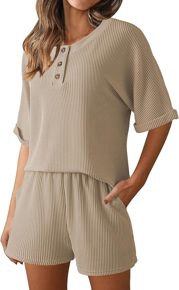 Pink Queen Womens 2 Piece Lounge Sets Soft Pajama Sets Short Sleeve Button Tops Tracksuit Casual ... | Amazon (US)