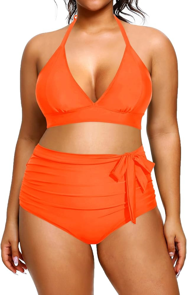 Daci Women Plus Size Two Piece Bikini Halter Swimsuits High Waisted Swimwear Tummy Control Bathin... | Amazon (US)