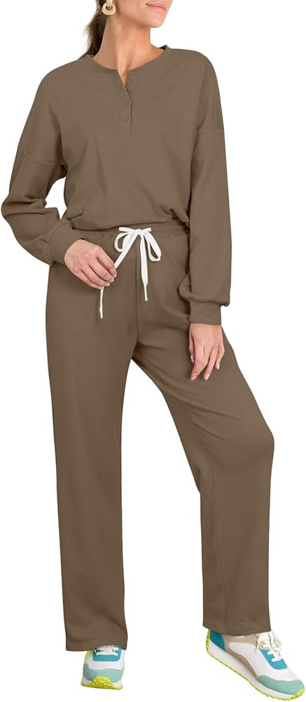 AGSEEM Womens 2 Piece Outfits Quarter Button Long Sleeve Crewneck Lounge Sets With Pockets Winter | Amazon (US)