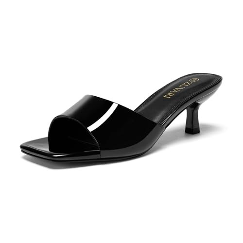 ZUVARI Black Kitten Heels for Women Sandals Open Toe Stiletto One Band 2 Inch Low Short Heels Dressy Mules 2026 Trendy Fashion Kitty Heel Comfortable Walk Size 7.5 | Amazon (US)
