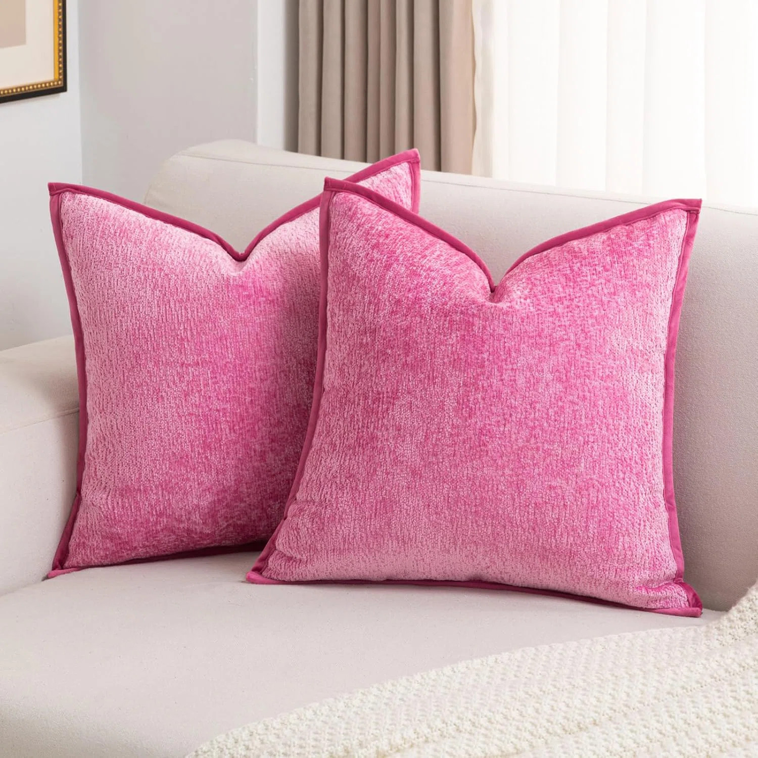 2-Pack 18x18 Inch Hot Pink Chenille Pillow Covers - Soft Cozy Bound Edge Cushion Cases for Couch,... | Wayfair North America