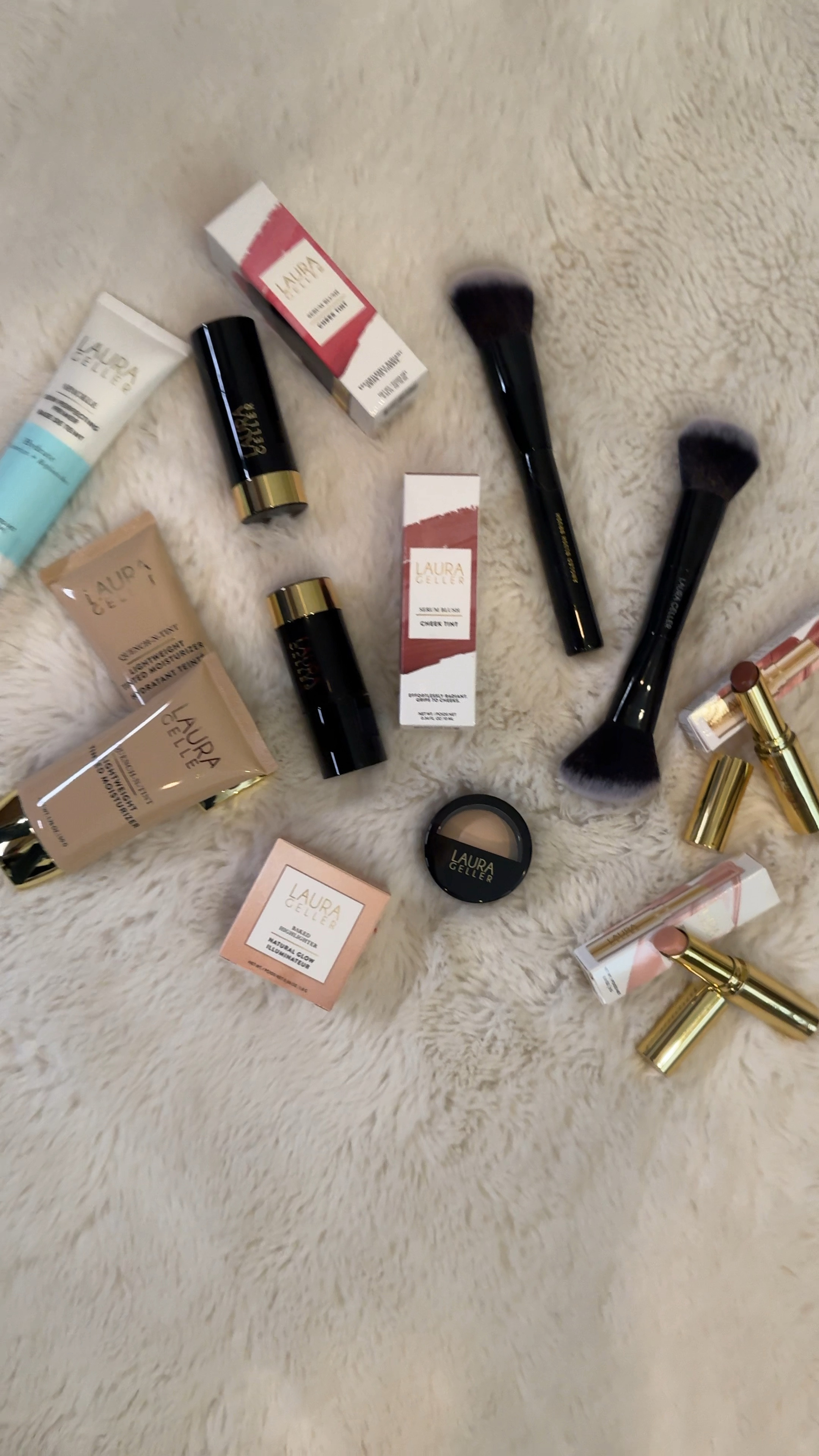 Laura Geller Beauty favorites especially great for mature skin. 
Primer Moisturizer Highlighter blush lip balm brushes bronzer 