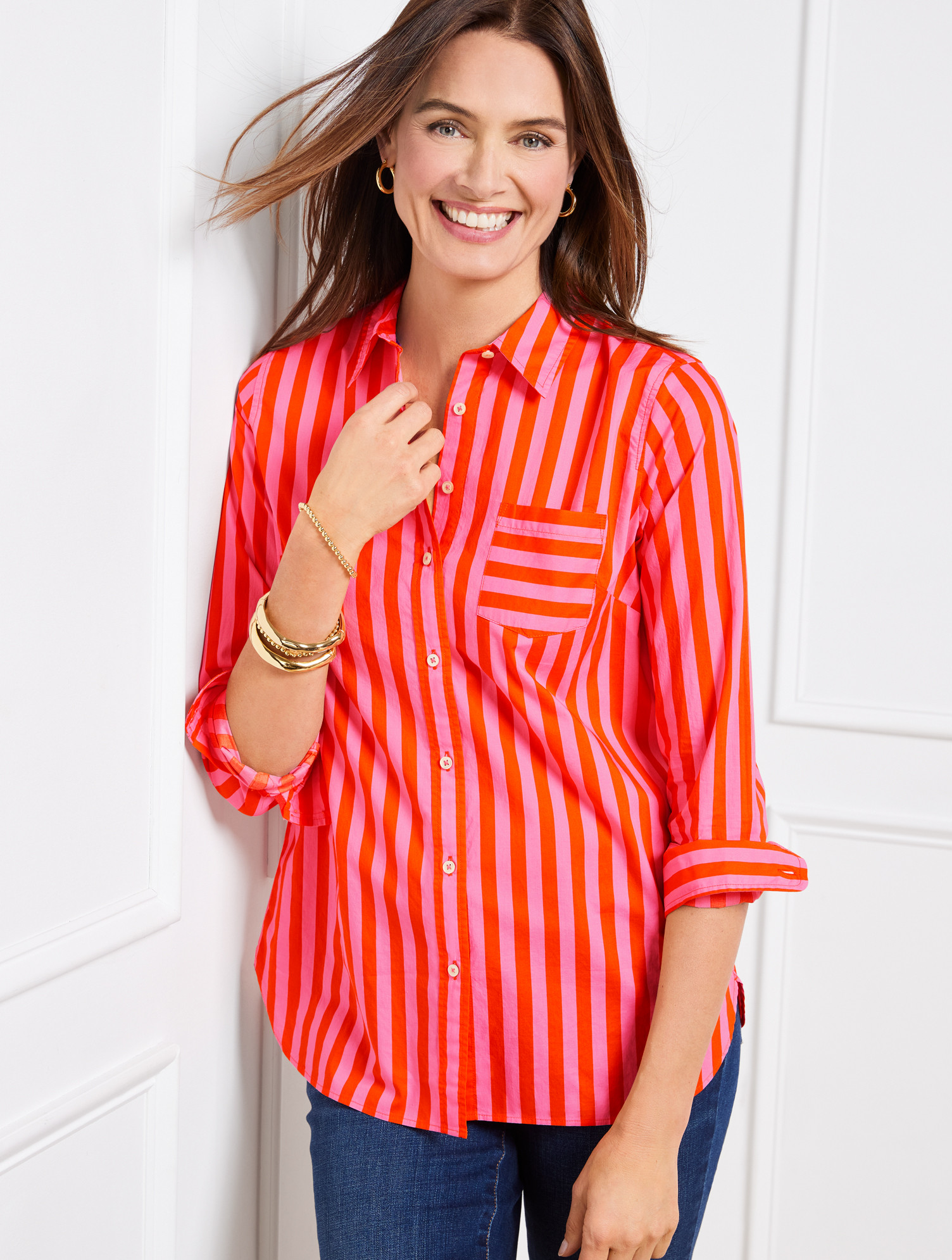 Petite - Cotton Button Front Shirt - Garden Stripe - Bright Tangerine - Small Talbots | Talbots