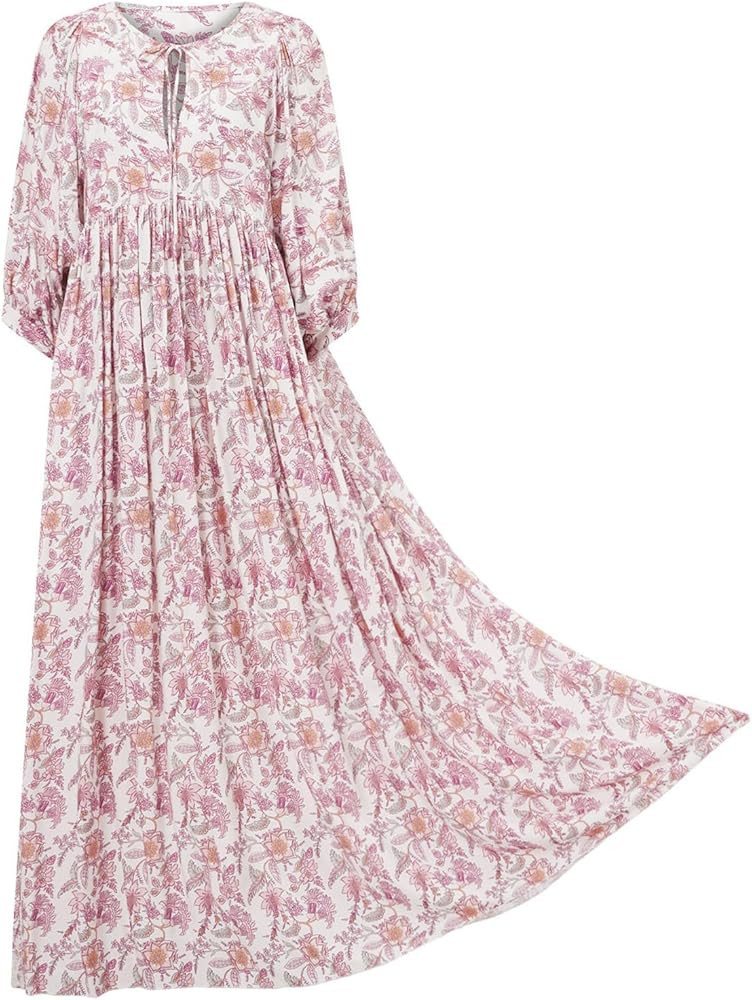 Women Elegant Floral Long Maxi Dress Puff Short Sleeve Square Neck Ruffle Ruched Boho Swing Beach... | Amazon (US)