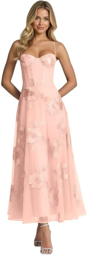 Jacquard Tulle Prom Dresses Spaghetti Straps Formal Evening Party Dress Tea Length | Amazon (US)