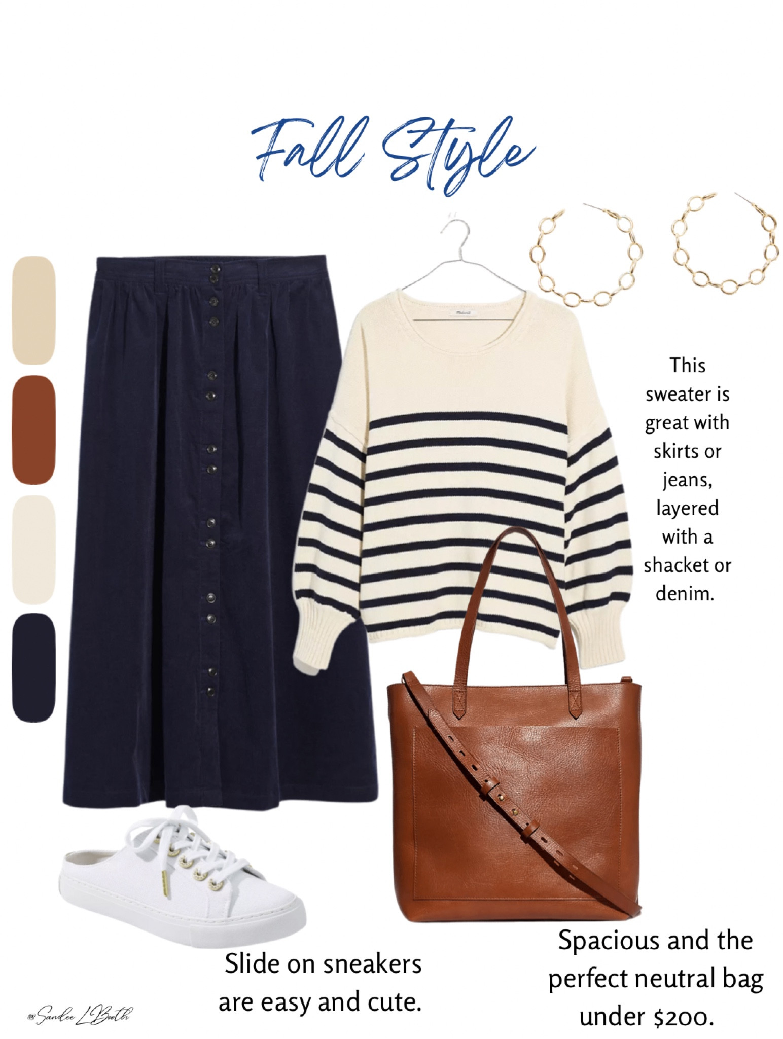 Casual work wear from Madewell
Nautical inspired striped sweater
Brown leather tote purse
White slide on sneakers
Midi length navy skirt 

#LTKunder100 #LTKitbag #LTKworkwear