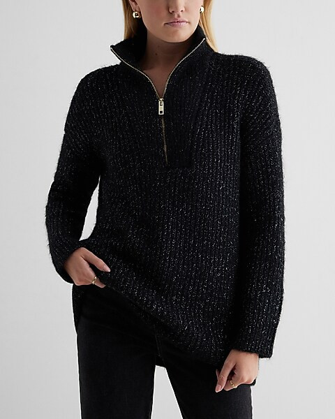 London Shine Ribbed Fuzzy Knit Quarter Zip Oversized Sweater | Express