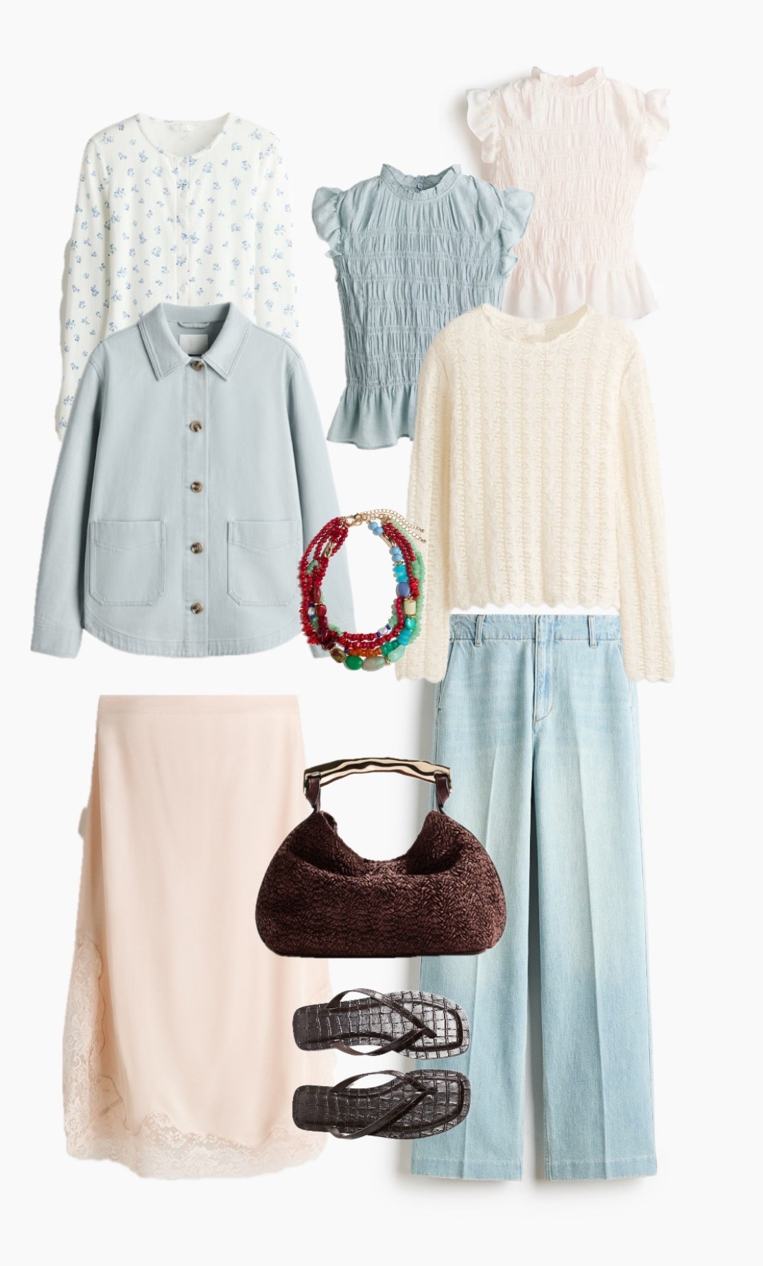 Pale aqua & cream outfit
Wide Denim Trousers
Lace Slip Skirt 
Pointelle Jumper
Ruched Tops
Denim Shacket Chore Jacket
Jeans and a nice Top
Woven Bag
Summer Necklace 

#LTKover50style #LTKspring #LTKjeans