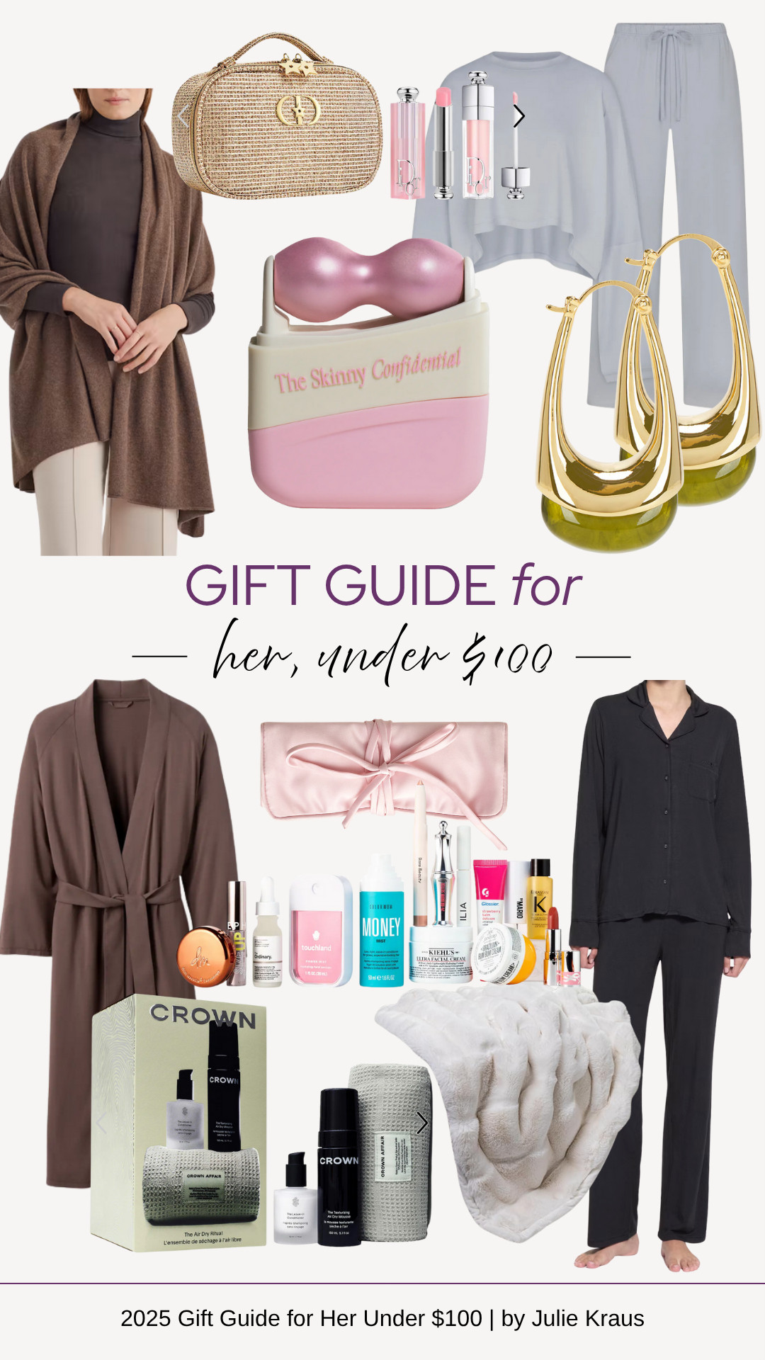 holiday gift guide 2025, affordable luxury gifts, gifts under $100, best gifts for women, cozy robe, satin jewelry roll, beauty gift sets, Dior holiday beauty, The Skinny Confidential face roller, cashmere poncho, statement earrings, faux fur throw, budget-friendly gifts, stylish steals, holiday must-haves, under $100 gift ideas 

 #LTKGiftGuide #LTKHoliday #LTKFindsUnder100