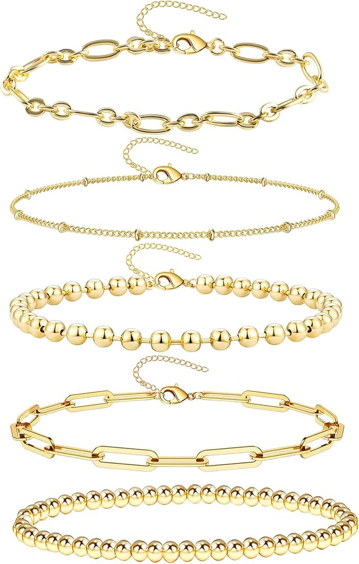 14K Gold Chain Bracelets Set for Women Girls, Dainty Gold Paperclip Link Bead Bracelet Stackable ... | Amazon (US)
