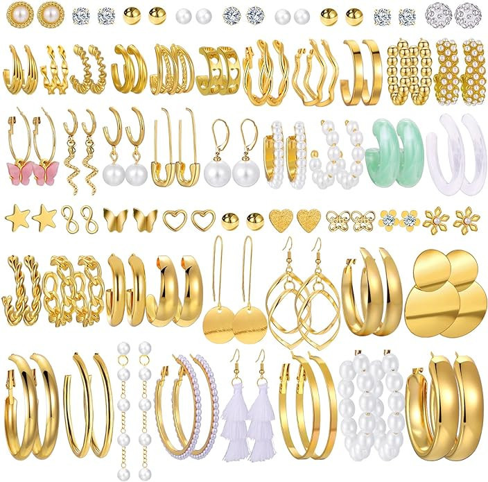 42 Pairs Gold Hoop Earrings Set for Women, Fashion Chunky Pearl Earrings Multipack Twisted Statem... | Amazon (US)